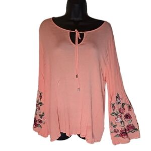 DG2 Peach Gauze Tunic with Floral Embroidery on bell sleeves